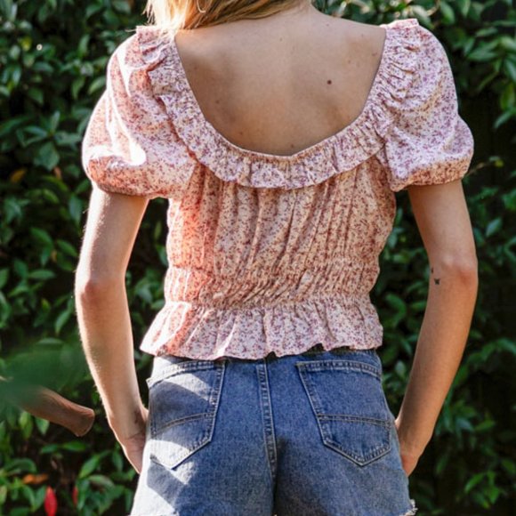 NEW BOHO PINK FLORAL RUFFLE WIDE NECK TOP - Picture 3 of 6